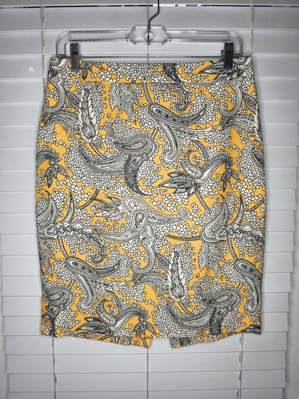 J.CREW Women's Paisley Pencil Skirt Knee Length Yellow Black White Size 2 Slit
